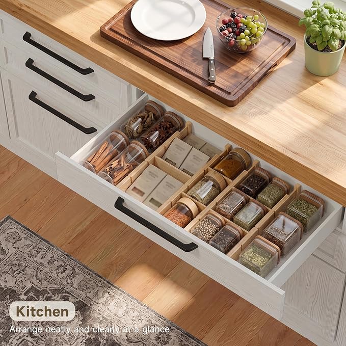 Bamboo Drawer Dividers, Expandable Kitchen Drawer Organizer, Include 4 Dividers, 4 Small Inserts and 4 Medium Inserts for Home, Office, Dressers