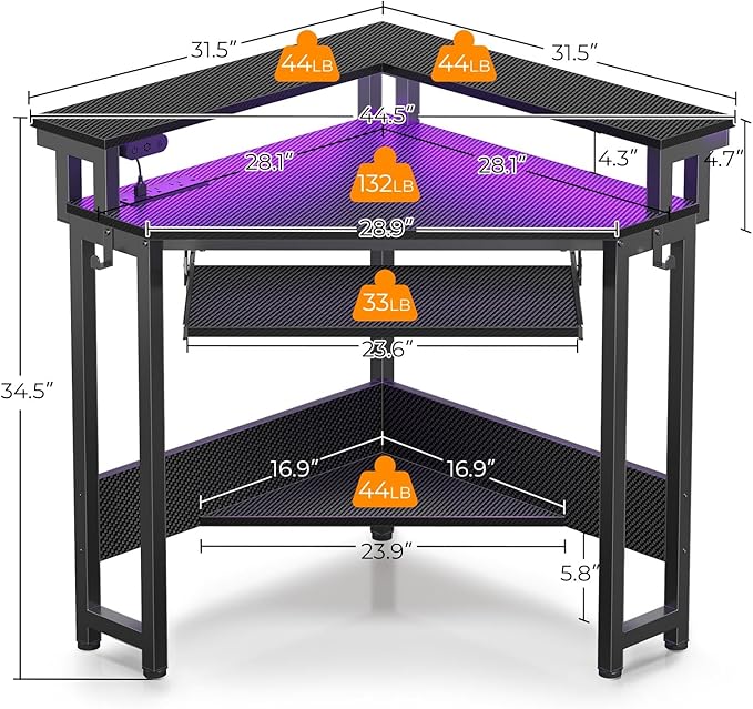 Rolanstar Corner Desk, 44.5" W x 34.5" H Carbon Fiber Computer Desk with Power Outlets, LED Lights and Keyboard Tray, Small Office Computer Desk with Monitor Stand for Small Space, Carbon Black