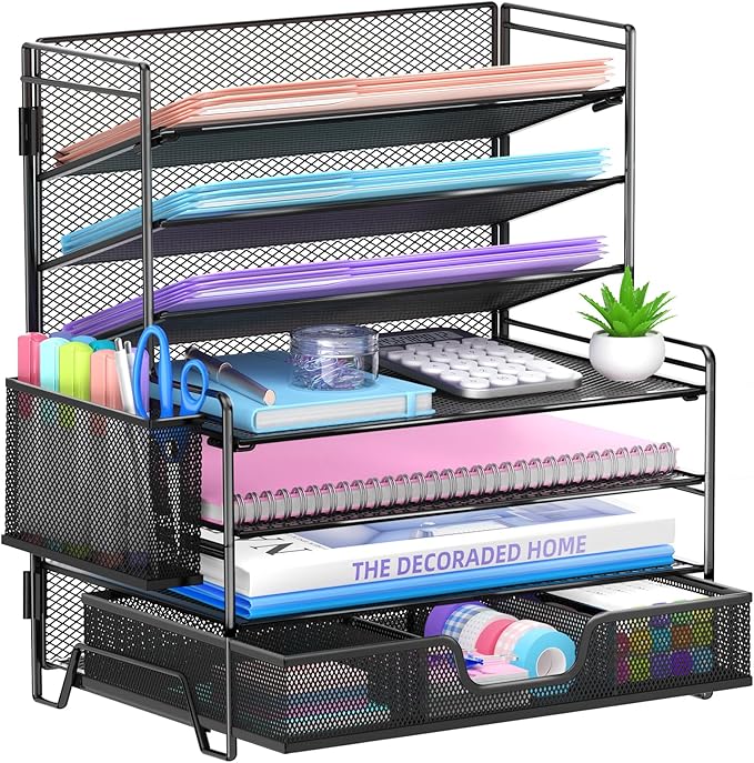 SUPEASY 7 Tier Desk Organizer with Drawer & Pen Holder, Heavy Duty Metal Letter Tray Paper File Organizer for Home Office School Classroom, Black