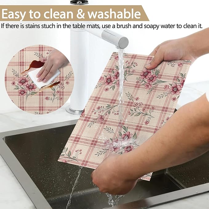 Placemats Set of 6, Cute Flowers Pink Linen Placemats 12x18 Inch, Heat Resistant Table Mats, Washable Non Slip Place Mats for Dining Table Kitchen Home