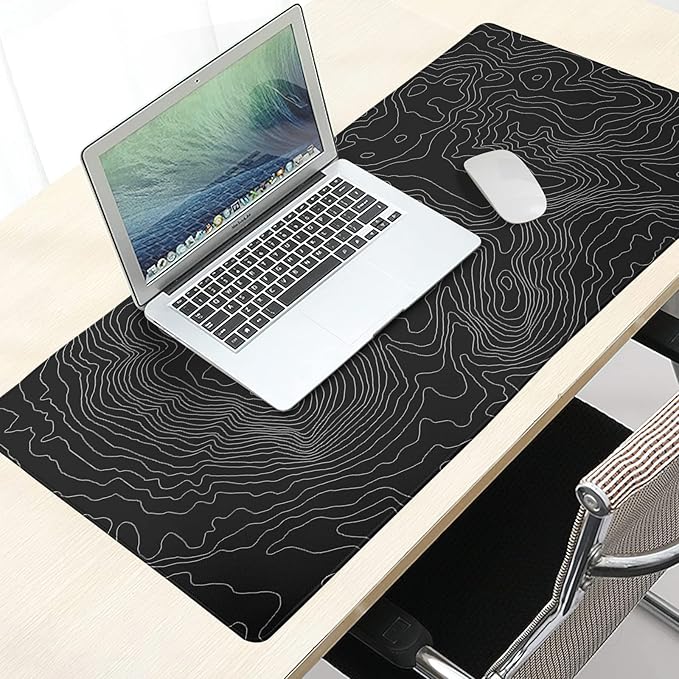 Topographic Contour Large Gaming Mouse Pad 35.4 x 15.7 Inch, Extended Mouse Pad with Non-Slip Rubber Base Geographic Mouse Mat for Computer Keyboard Pad Desk Pad Black for Home Office Gaming