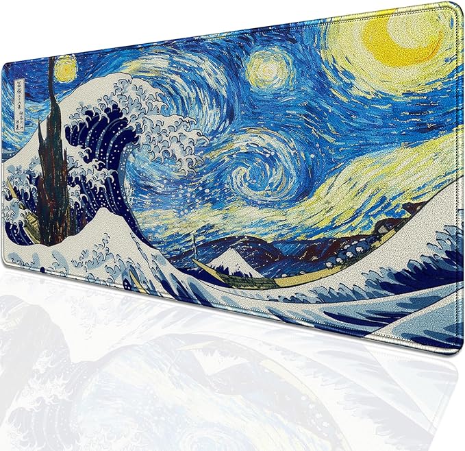 Starry Night & Great Wave Large Mouse Pad, 27.5x11.8in Art Painting Fusion Extended Desk Mat with Stitched Edges, Non-Slip Waterproof Rubber Base for Office, Computer & Laptop