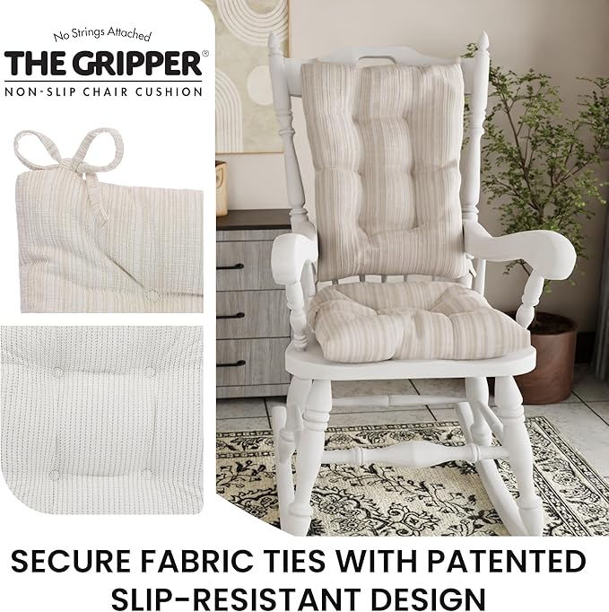 Klear Vu The Gripper Non-Slip Rocking Chair Cushion Thick, Includes Seat Pad & Back Pillow with Ties for Indoor Living Room Rocker, 17x17 Inches, 2 Piece Set, Cream