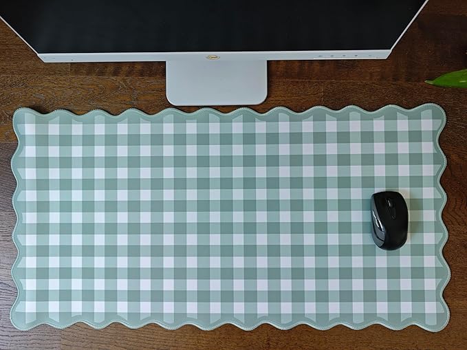 Scalloped‌ Sage Green Checkered Desk Mat Cute Pastel Large Gaming Mouse Pad Gingham Kawaii Cottagecore ‌Vintage‌ Girly Keyboard Computer Mat Aesthetic Desk Pad Accessories Office Decor for Women