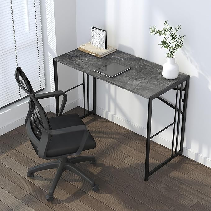 Lutown-Teen Narrow Folding Computer Desk 35 inch, Writing Gaming Computer Desk for Small Spaces, No Assembly Required Small Office Table, Grey