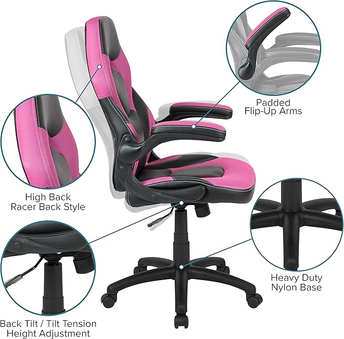 BizChair Black/Pink Gaming Desk Set with Cup Holder, Headphone Hook, and Monitor Stand
