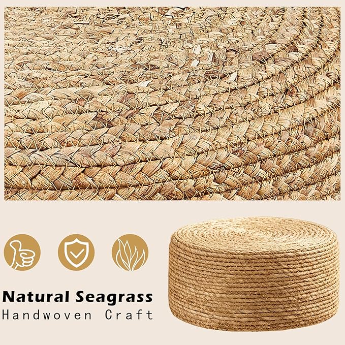 Wimarsbon Round Foot Stool Natural Seagrass Poufs Ottoman Hand Weave Footrest Stool for Couch Desk Extra Seat Step Stool with Solid Wood Legs for Hallway Patio Lounge Natural