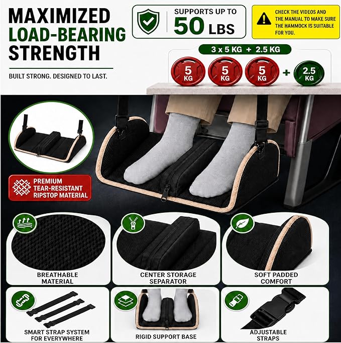 Premium Wheelchair Foot sling Hammock noncollapsible with separator and storage for Walker Rollator Holder long flight Leg attachment replacement elevating Portable Medical swing Essential Accessories