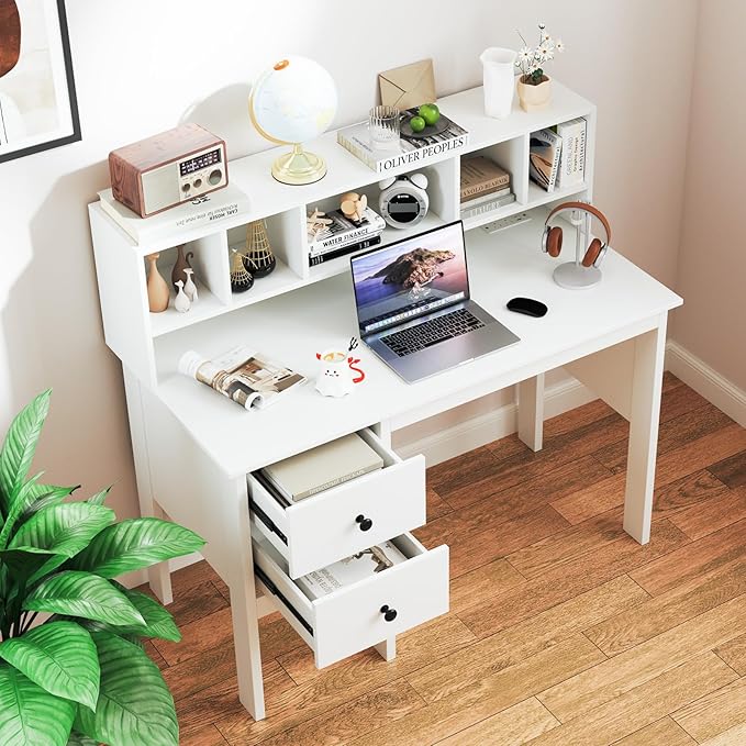 Giantex White Desk with Drawers & Hutch, Home Office Desk with Charging Station, 5 Storage Cubbies, Makeup Vanity Table, Modern Study Writing Desk, PC Laptop Desks, Computer Workstation for Bedroom