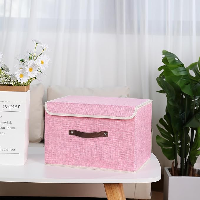 ANMINY 4PCS Storage Bin with Lid Storage Boxes with PU Leather Handles PP Plastic Board Decorative Foldable Lidded Cotton Linen Fabric Home Cubes Baskets Closet Organizer Container - Pink, Medium