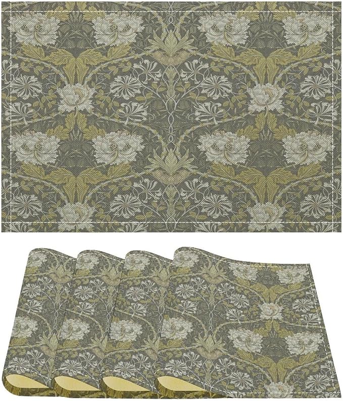 William Morris Floral Placemats Vintage Flower Art Style Boho Chic Retro Floral Linen Washable Table Mats Stain Heat-Resistant Desktop Decor Place Mats for Home Kitchen Dining Party 12x18 in 6 Pcs