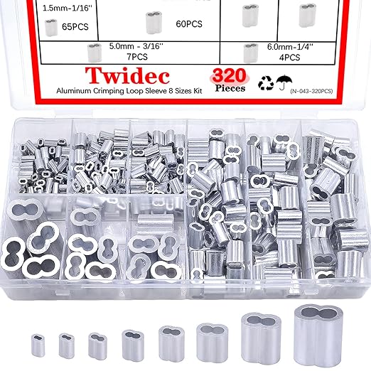 Twidec/320PCS 8 Sizes Aluminum Crimping Loop Sleeve M1.2-M6(3/64''-1/4'') Wire Rope Sleeve Cable Crimp Ferrules for Wire Rope and Cable Assortment Kit N-043-320PCS