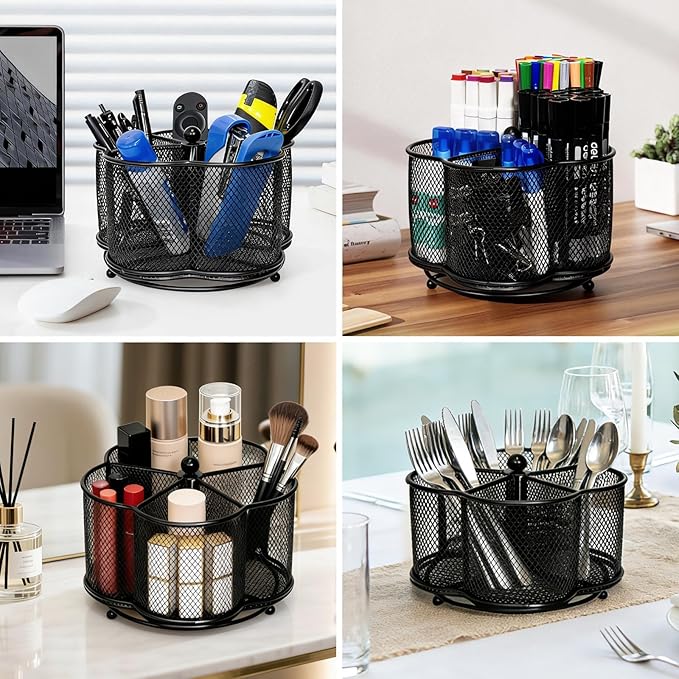 360 Degree Rotating Desk Pen Organizer, Pen Holder for Desk with 4 Compartments,Silverware Organizer for Kitchen Counter,Vanity Makeup Brush Stand, Multi-Functional Pencil Holder for Supplies