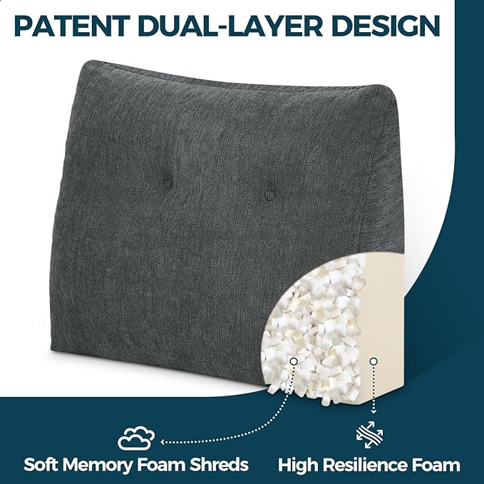 Back Support Pillow for Recliner Soft Dual Layer Lumbar Support Pillow with Memory Foam Shreds Ergonomic Orthopedic Couch Back Cushions for Elderly Lower Back Pain Relief Dark Grey