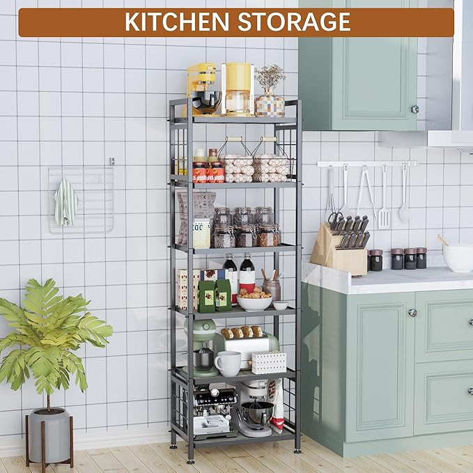 GIOTORENT 6-Tier Pantry Shelves with Wooden Boards, Heavy Duty Storage Shelves & Book Shelf, Adjustable Metal Shelving Unit for Kitchen Bathroom Laundry Organizer, Sturdy Rust-Resistant, Black