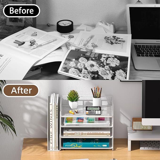 4-Tier Paper File Organizer with Drawer, Metal Desk Organizer, Tiered Paper Tray for Letter/A4 Files, Desktop Office Supplies Storage Rack, White