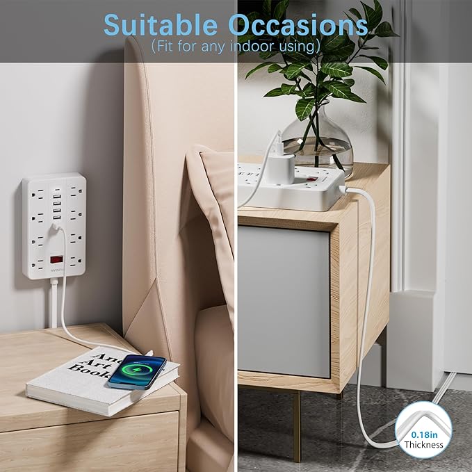 10 Ft Long Extension Cord,Power Strip with Multiple Outlets HUNIAN Flat Plug with 8 Widely Spaced Outlets 6 USB(1 USB C Port), Wall Mount Charging Station for Home and Office,White