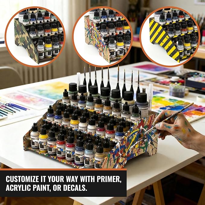PROSCALE Paint Rack Organizer for Miniature & Model Paints Tabletop Paint Stand with 26mm & 36mm Holes Brush & Tool Holder Artist Room Compatible with Vallejo, Army Painter, AK (Module A)