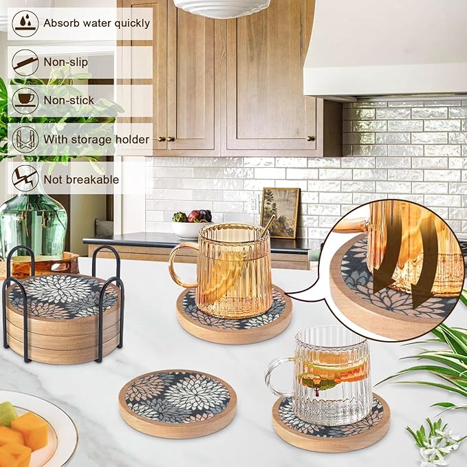 Wood Coasters Set of 6 with Holder, Cewiru Cup Mat for Drinks, Absorbent Coasters with Felt Insert for Coffee Table Protection, Modern Style Home Dining Table Decor, 4.3" Mix Brown