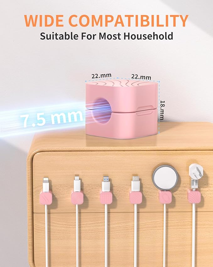 6Pack Cable Organizer Clips, Magnetic Cable Holder (1s Lock), XOVRAETH Strong Adhesive Wire Management for Desk, Nightstand, Living Room, Kitchen, Office, Car(PinkC)
