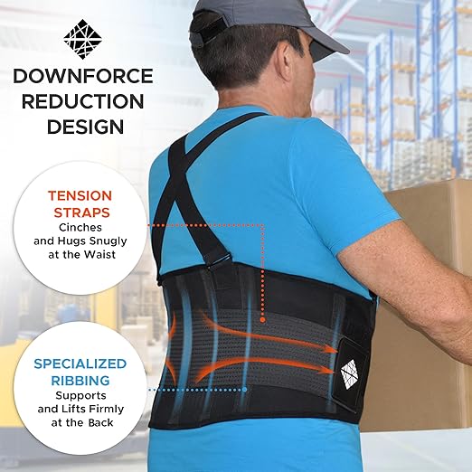 Lower Back Brace with Suspenders | Back Support Belt for Men & Women | Adjustable Work Back Brace for Moving Construction Warehouse Heavy Lifting & other Industrial Activities Safety & Protection XL