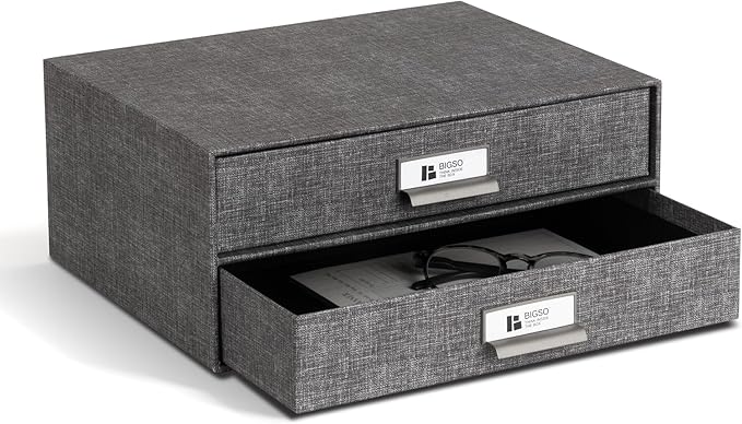 Bigso Birger 2-Drawer Canvas Fiberboard Easy Pull Handle Box - Desktop Drawers for A4 and Letter Size Papers - Desk Drawers with Metal Label Holder - 13.1in x 10in x 5.7in - Melange Grey