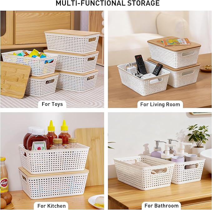 Storage Bins with Lids 8 Packs, Plastic Storage Bins with Bamboo Lids for Pantry Organization and Storage Containers for Shelves Drawers Desktop Closet Playroom Classroom Office Home, White