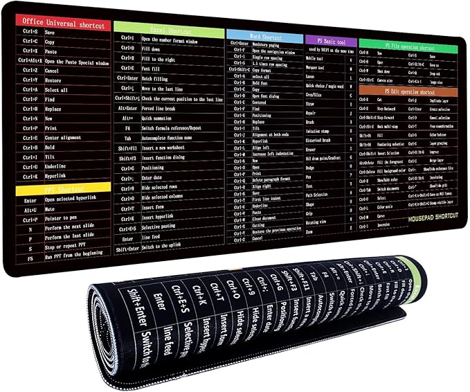 Quick Key XXL Mouse Pad with Word EXCEL PPT Shortcut,Super Thick Waterproof Large Mousepad with Stitched Edge,Adobe&Office Software Shortcut Non-Slip Base Keyboard Mat 800X400X4mm
