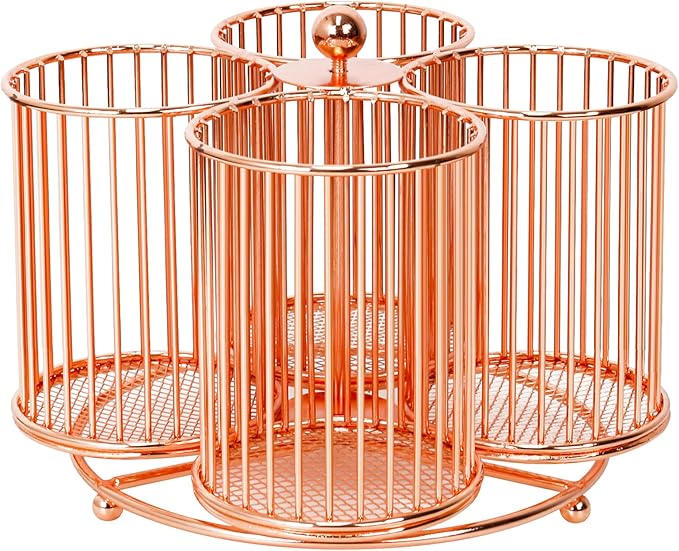360 Rotating Pen Holder, Large Pencil and Marker Organizer with 4 Slots, Desk Caddy Accessory (Rose Gold)