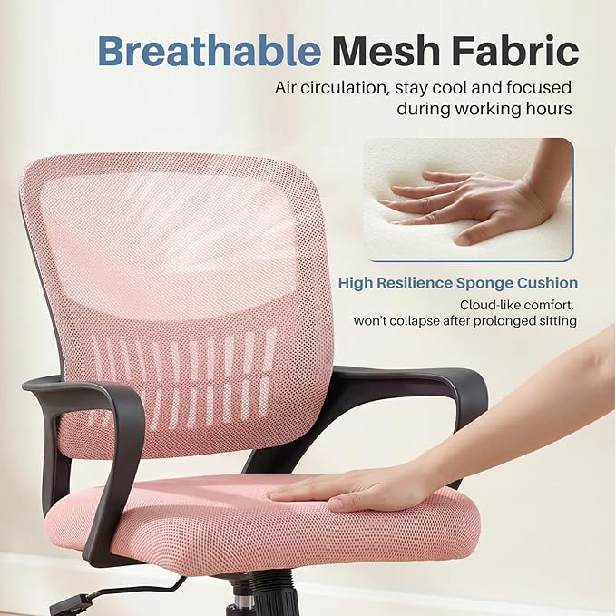 DUMOS Home Office Chair - Ergonomic Mid Back Mesh Desk Chair with Lumbar Support & Rocking Mode, Height Adjustable with Fixed Armrest, for Conference, Computer, 360° Swivel, Adults, Pink
