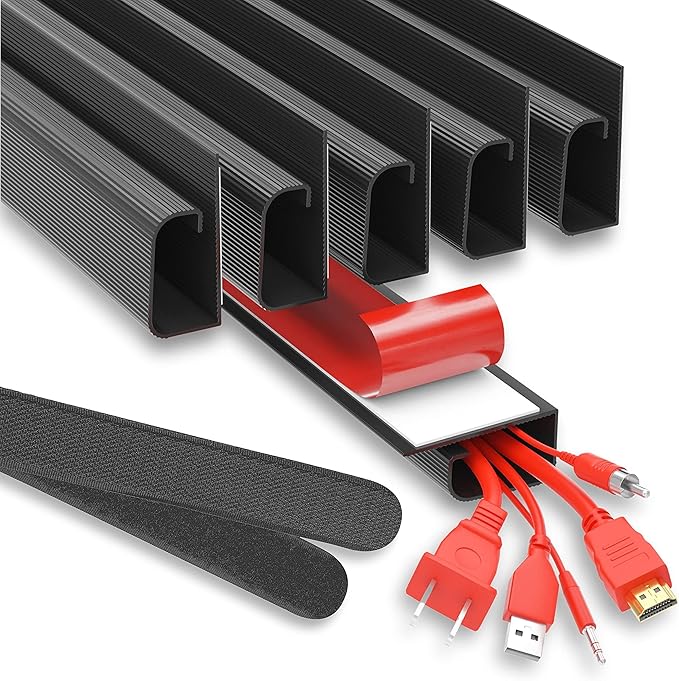 Cable Management ProOffice 96in J Channel Cable Raceways - 6X 16in Black No Screw/No Drill Computer Cord Organizer - Cable Channels for Wire Management Under Desk with Adhesive