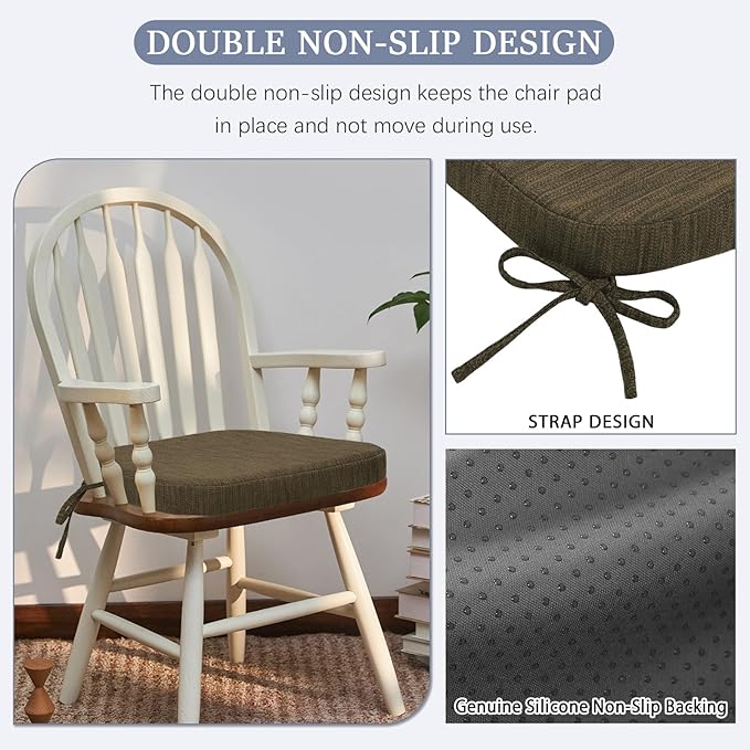 baibu Kitchen Chair Cushions Set of 4, Dual-Layer Patented Design Memory Foam Dining Chair Pads with Ties and Washable Cover, 4 Pack, 17" x 16" x 2", Brown