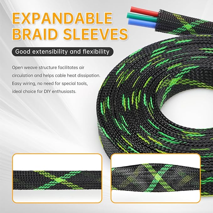 Braided Cable Sleeve, 33ft Expandable Wire Loom for Automotive Wiring Harness & PC Case, Pet-Proof Chew Resistant Cord Protector, Flexible Cable Management (Black-UV Green-UV Yellow, 20mm (25/32"))