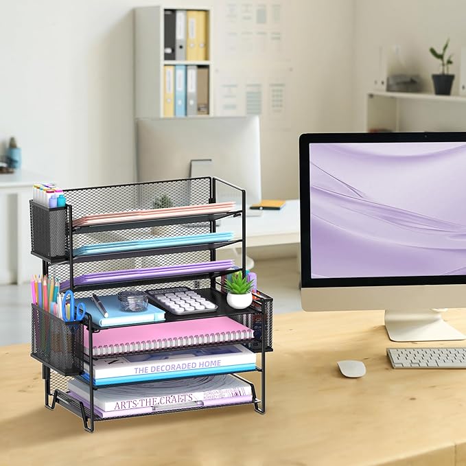SUPEASY 7 Tier Desk Organizer with 3 Pen Holders, Heavy Duty Metal Letter Tray Paper File Organizer for Home Office School Classroom, Black