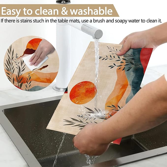 Boho Sunrise Abstract Sun Leaves Placemats Set of 6 Linen Table Mats, 12x18 Inch Washable Placemats for Dining Table, Non Slip Heat Resistant Mats for Kitchen Home Decor