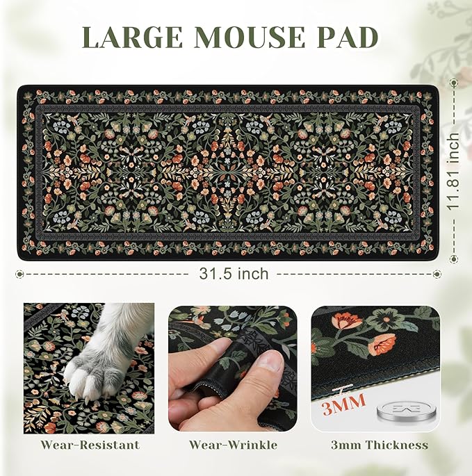 iCasso Aesthetic Floral Desk Mat, L Mouse Pads, Anti-Slip Retro Mousepad with Stitched Edges, Waterproof Computer Pad 11.8"x31.5",Desk Accessories Office Decor for Women(Black)