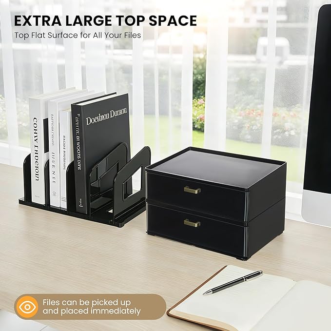 LALOBLUE Acrylic Desk Organizer with Drawer and Vertical File Holder, Desk Organizers and Accessories, Multi-Functional Office Supplies Organizer for Home or Work Desk, Black