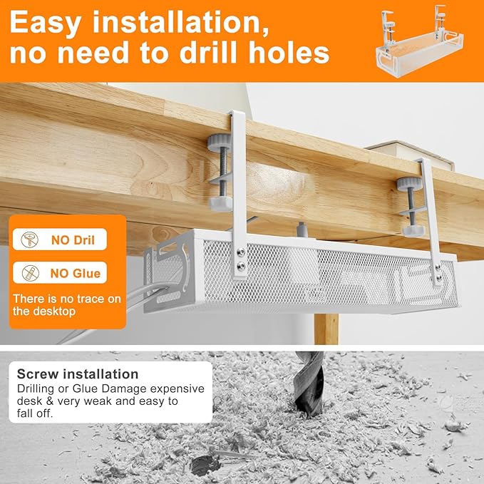 Under Desk Cable Management Tray, No Drill Cable Rack with Clamp Mount, 15" Mesh Wire Management Tray, Metal Under Desk Wire & Cord Organizer for Office Home Cord Hider (White)
