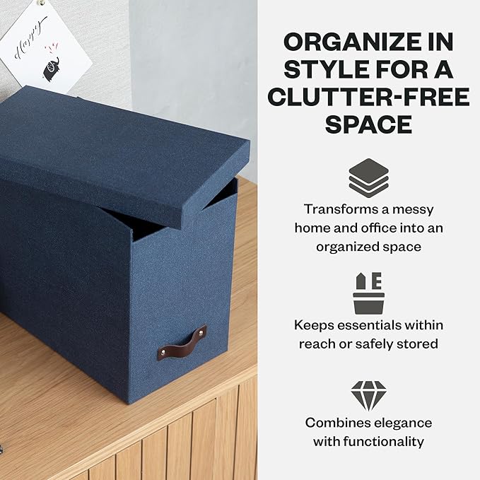 Bigso John Desktop File Box - File Storage Box and Document Organizer for Important Paperwork - Durable Hanging File Box with a Lid and Leather Handle - 7.36 in x 13.26 in x 10.51 in - Blue