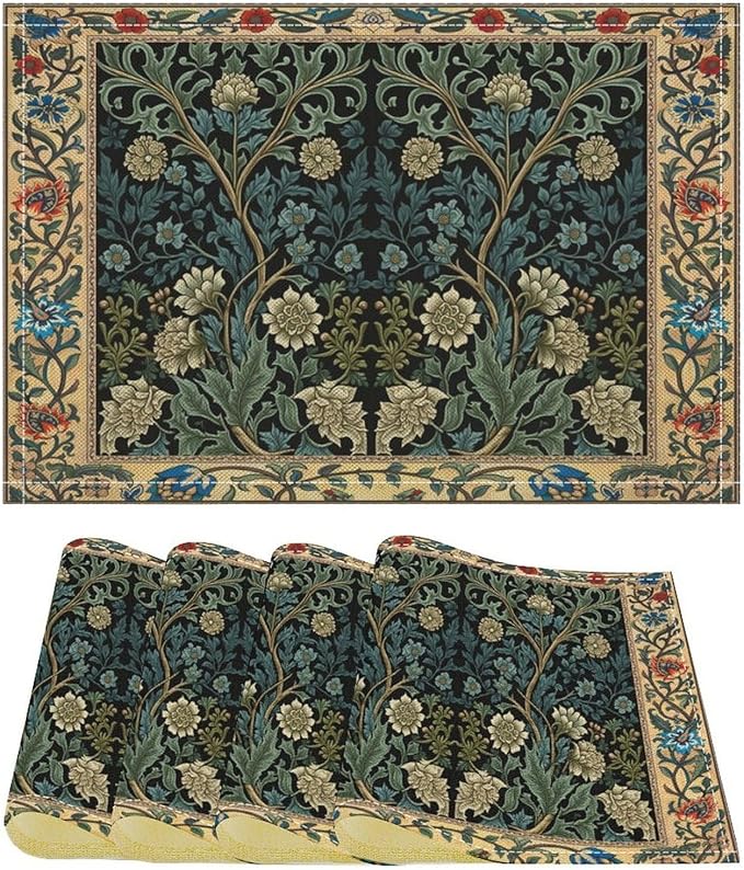 William Morris Floral Placemats Vintage Flower Art Style Boho Chic Retro Floral Linen Washable Table Mats Stain Heat-Resistant Desktop Decor Place Mats for Home Kitchen Dining Party 12x18 in 6 Pcs