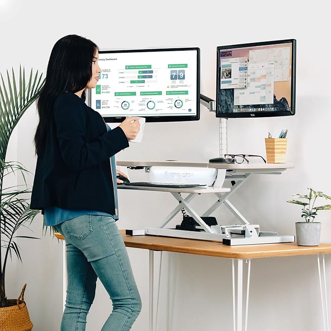 VERSADESK PowerPro 36 Inch Electric Standing Desk Converter – Push-Button Height Adjustable Sit to Stand Desk Riser for Dual Monitors & Laptop – Motorized Desktop Workstation with Wide Keyboard Tray