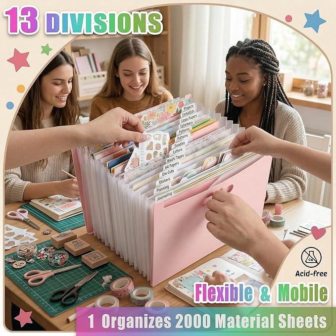 12x12 Scrapbook Paper Storage Organizer with 13 Expandable Pocket, Large Scrapbook Storage for Craft Room Organization, Sticker Storage, Desktop Paper Holder (Pink)