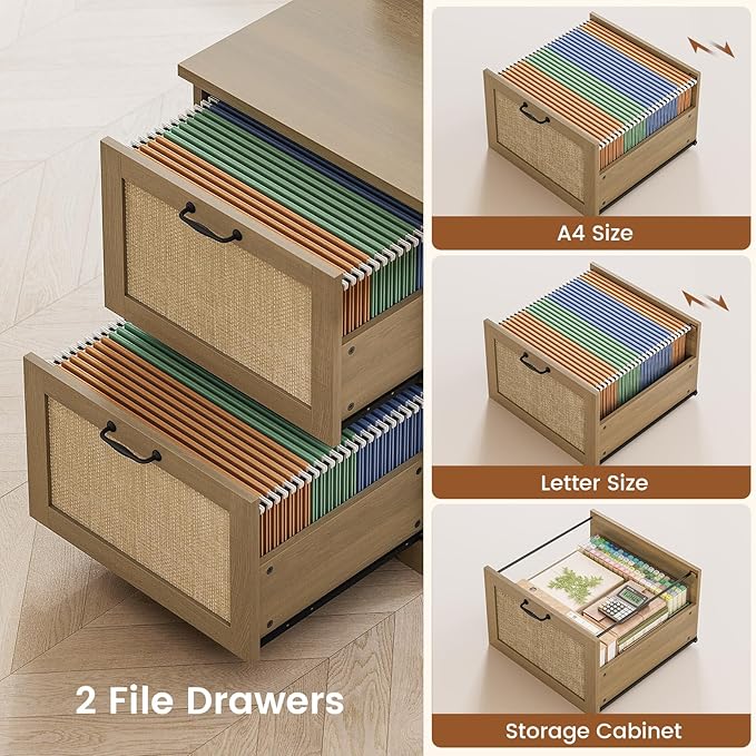 SEDETA 63" Rattan L Shaped Desk with Drawers, Farmhouse Corner Computer Desk, Wood Office Desk with File Drawers with Storage, Executive Desk with Monitor Stand and Storage Cabinet, Oak