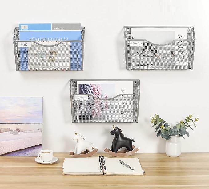 EasyPAG 3 Pack Wall File Organizer with Label Panel, Metal Mesh Hanging File Folder Holder for Letter/A4 Size Folders, Vertical Wall Mount Mail Sorter for Office Paperwork, Classroom, Silver