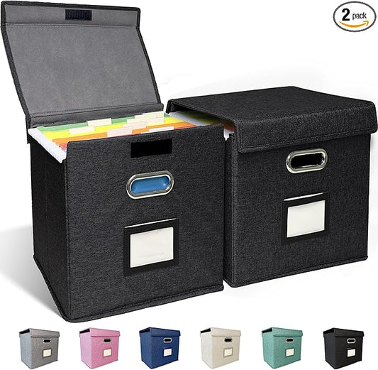 2 Pack Hanging File Folder Box with Lid, Durable Letter Size Filing Storage Box, Sturdy File Holder with Cardboard Support PVC Rails for Office Home Organizer, Black
