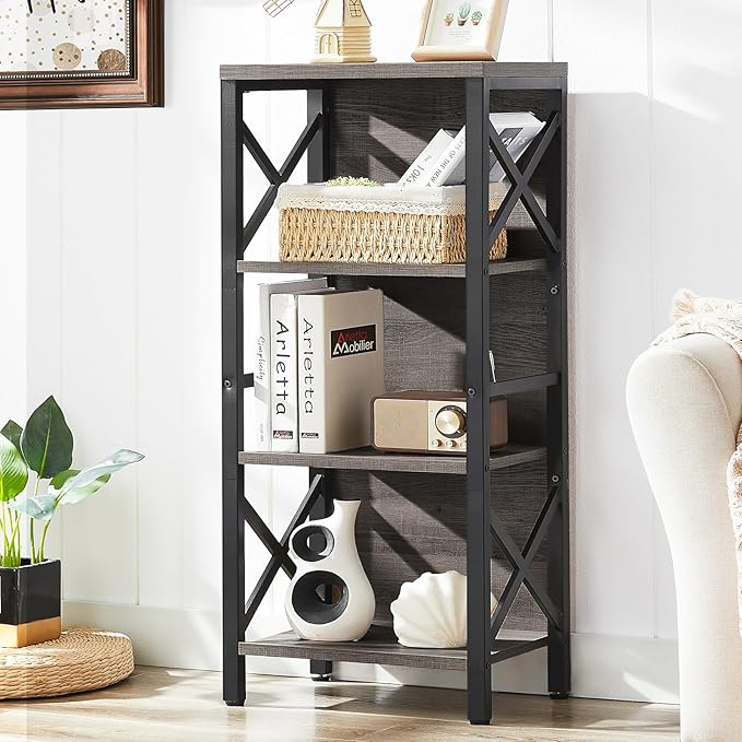 MNEETRUNG Small Bookshelf,4 Tier Industrial Bookcase with Metal Frame and Backboard,Narrow Rustic Gery Book Shelf,Book case for Small Spaces,Living Room,Bedroom and Home Office