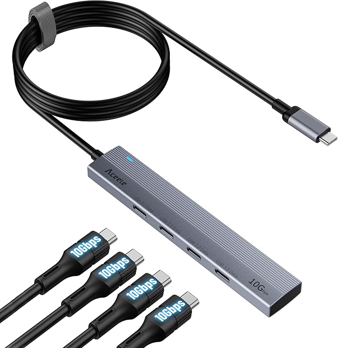 Aceele USB C Hub 10Gbps, 4 Port USB 3.2 Gen 2 Hub, USBC to USB-C Hub with 60cm/2ft Long Extension Cable, USBC Adapter Data Hub for MacBook Pro, MacBook, Samsung Chromebook and More