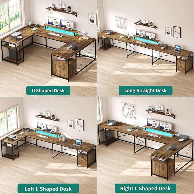 YITAHOME U Shaped Desk with Power Outlets & LED Lights, 79" Reversible L Shaped Desk with Drawers, Corner Computer Desk Office Desk with Monitor Stand & Storage Shelves, Rustic Brown
