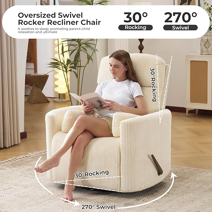 Oversized Swivel Rocker Recliner with Massage and Heat, Swivel Nursery Recliner with Adjustable Headrest, Manual Rocker Recliner Chair with Two Removable Pillows, Rocking Nursery Chair,Corduroy Beige