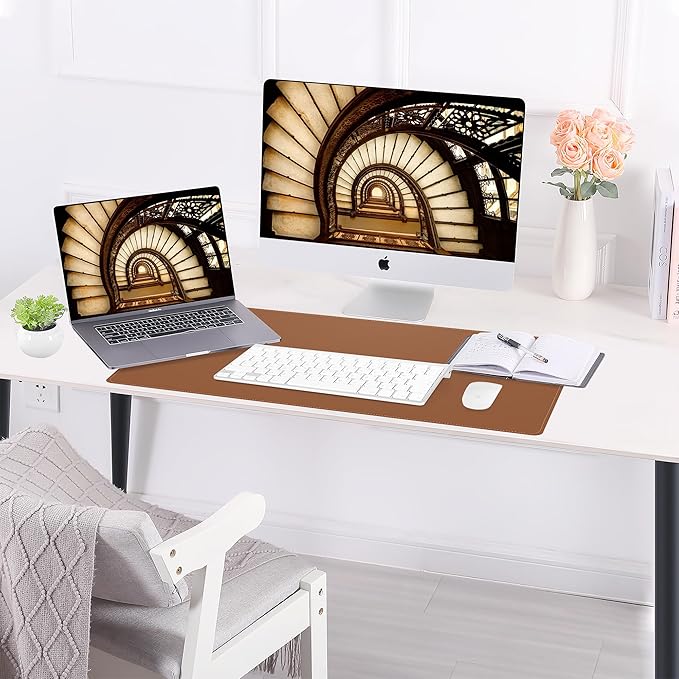 AFIING Cork Desk Mat 23.6 x 13.7, Dual-Sided Cork & PU Leather Desk Pad, Waterproof Non-Slip Desk Protector for Home Office, Study Desk & Minimalist Workspace Brown